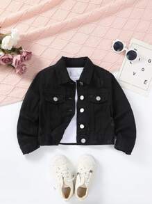 SHEIN Young Girl 1pc Flap Pocket Denim Jacket - Black - View 1