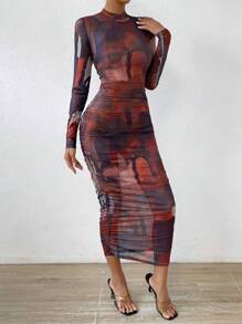 Zolique Allover Print Mock Neck Bodycon Dress - Multicolor - View 6