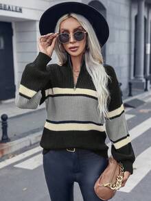 SHEIN Clasi 拼色落肩半拉鍊毛衣 - 灰色 - 查看 5