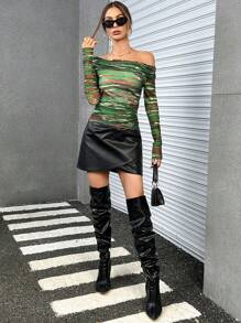 SHEIN Essnce Off Shoulder Camo Print Tee