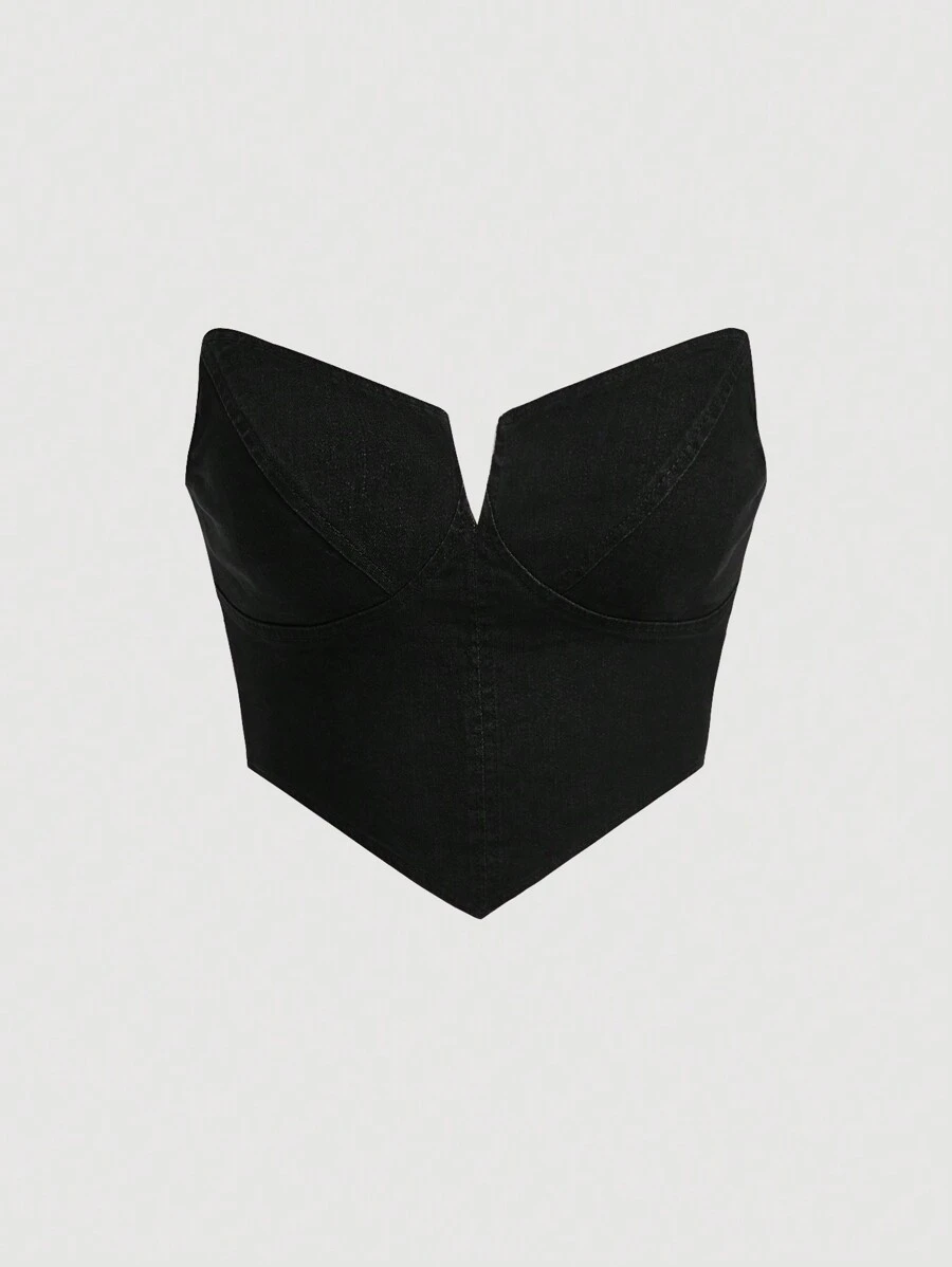 SHEIN MOD Plus Hanky Hem Denim Tube Top - Black - View 1