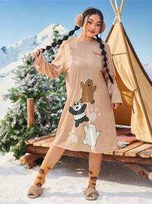 We Bare Bears X SHEIN Plus Cartoon Graphic Drop Shoulder Nightdress - Rust Brown - View 1