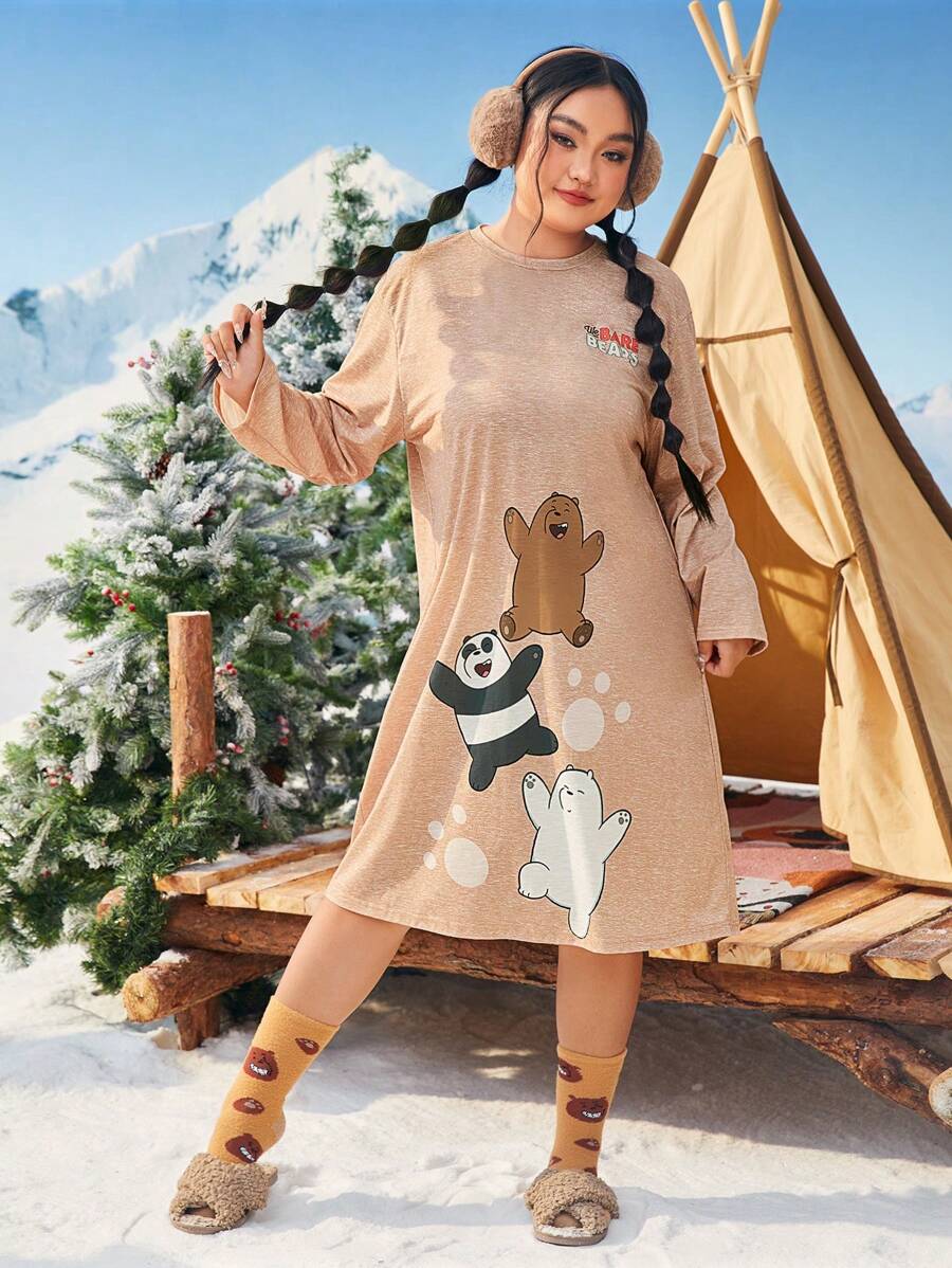 We Bare Bears X SHEIN Plus Cartoon Graphic Drop Shoulder Nightdress - Rust Brown - View 1