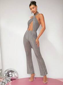 SHEIN BAE Cruzada Sem Costas Perna Flare Macacão Halter - Prata - Visão 5
