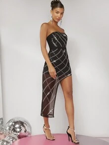 SHEIN BAE 水鑽細節開衩大腿抹胸洋裝 - 黑色 - 查看 5