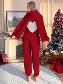 1 bộ đồ ngủ vải nỉ trùm đầu thiết kế tai 3D, Giáng sinh - Màu Đỏ Sâu - Xem 2
