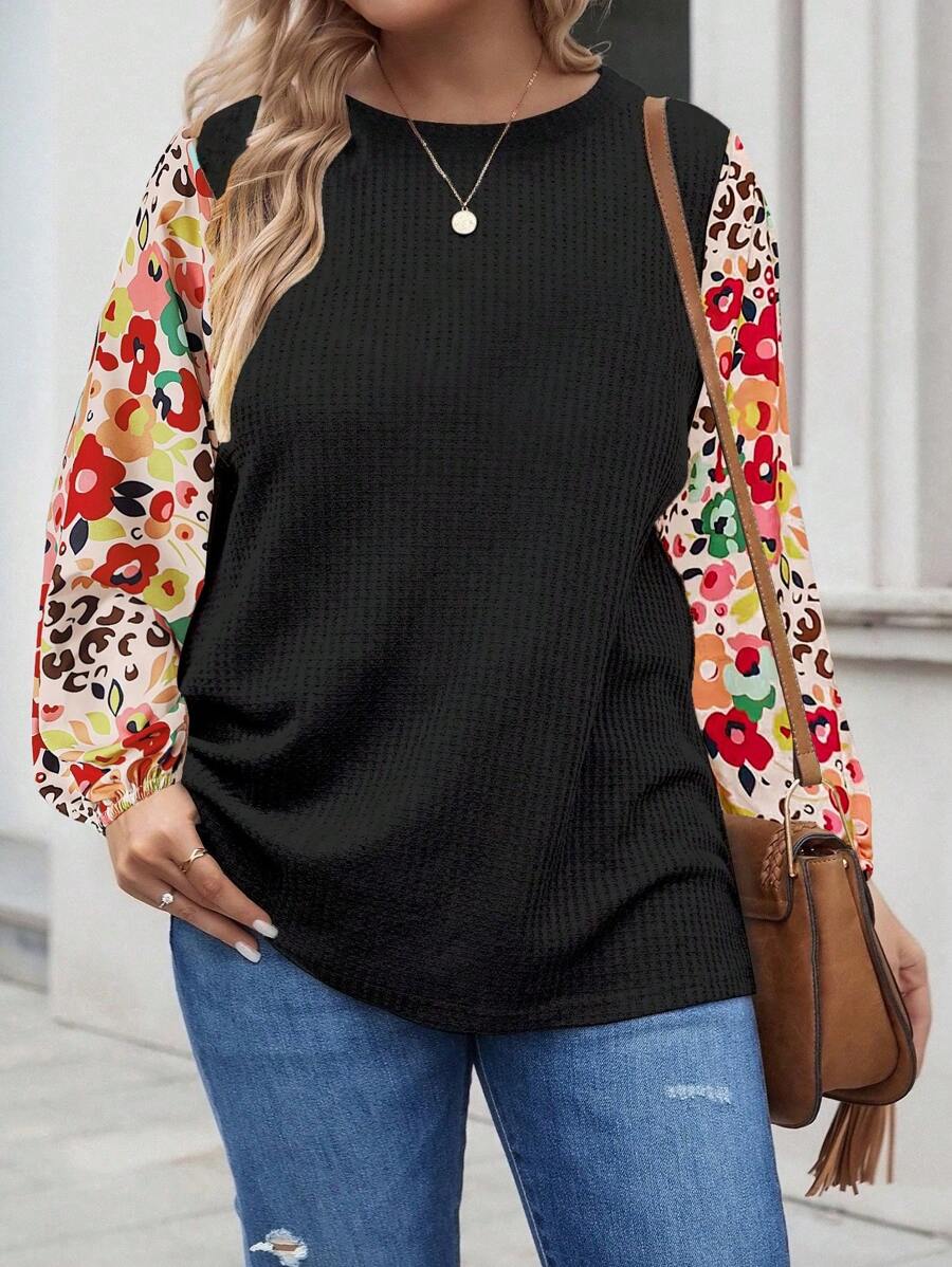 SHEIN LUNE 大碼印花燈籠袖華夫格編織上衣 - 黑色 - 查看 1