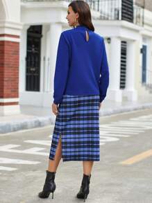 SHEIN Clasi Mock Neck Tee & Plaid Split Hem Skirt - Blue - View 2