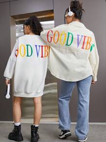 Teen Girl Letter Graphic Drop Shoulder Sweatshirt - White - View 3