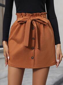 SHEIN Clasi 紙袋腰腰帶燈芯絨半身裙 - 棕色 - 查看 5