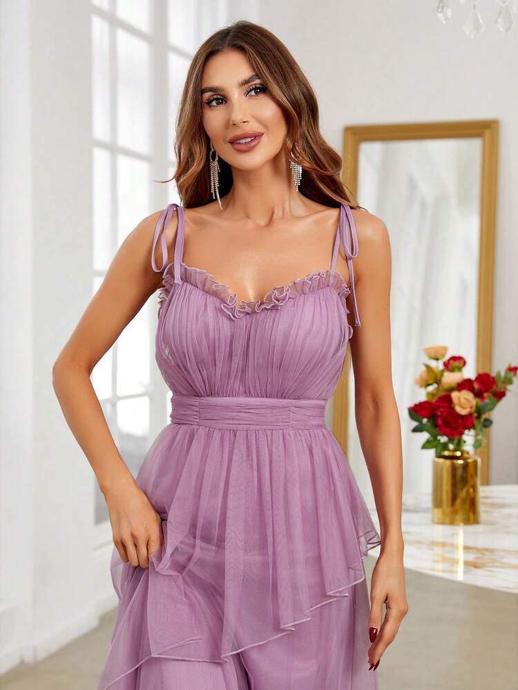 Ruffle Trim Mesh Formal Dress