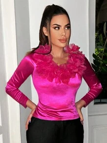 SHEIN SXY Camiseta con detalle de apliques - Rosa Fucsia - Ver 4