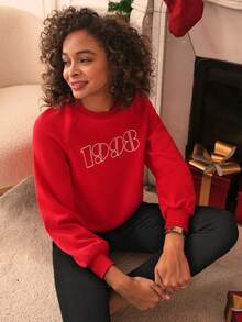 SHEIN Frenchy Letter Graphic Drop Shoulder Sweatshirt - Red - View 6