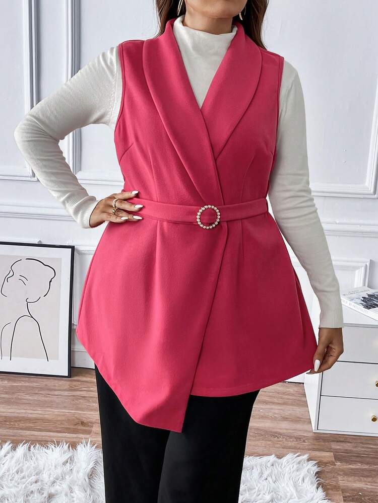 Plus Shawl Collar Belted Vest Overcoat