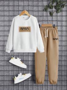SHEIN Leap Crew Tween Boy Letter Graphic Pullover & Drawstring Waist Pants - Khaki - View 7