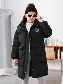 SHEIN Áo khoác đệm có túi vá chữ Tween Girl 1 mảnh - màu đen - Xem 1