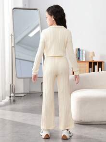 Tween Girls' Knitted Solid Color Jacquard Stand Collar Cardigan & Knitted Jumpsuit Set With Flare Pants - Apricot - View 2