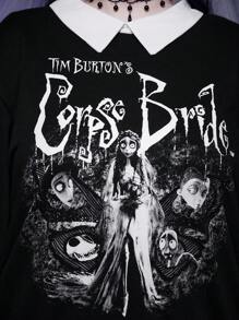 Corpse Bride | ROMWE Talla grande Sudadera con estampado de letra y figura de cuello en contraste de hombros caídos - Negro - Ver 4