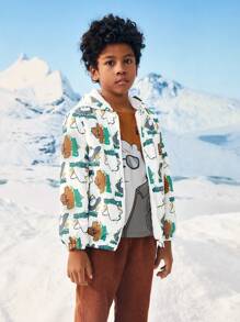 We Bare Bears X SHEIN Tween Boy Cartoon Graphic Hooded Jacket Spring And Autumn Style - White - View 3