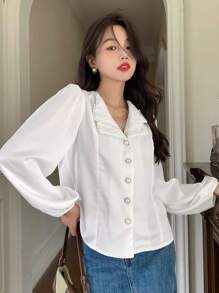 DAZY Pearls Beaded Lantern Sleeve Button Front Satin Blouse,Long Sleeve Tops,Fall Clothes - White - View 11