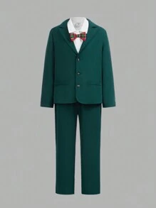 SHEIN 聖誕節補間男孩翻領西裝外套、褲子和蝴蝶結襯衫 - 綠色 - 查看 4