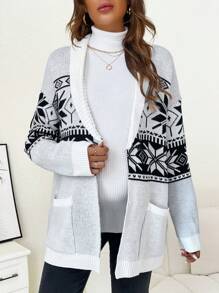 SHEIN Maternity Geo Pattern Dual Pocket Drop Shoulder Cardigan, For Winter