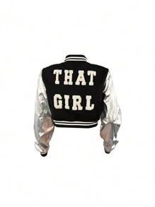 Chaqueta corta de forro polar con bordado de letras casual, abrigo de invierno grueso para mujer - Negro - Ver 4