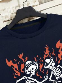 Men Skeleton & Slogan Graphic Thermal Lined Sweatshirt - Navy Blue - View 8