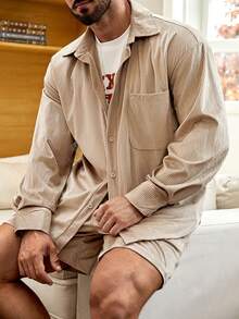 Manfinity Homme 寬鬆的男士口袋拼接襯衫和短褲套裝（t恤不包括） - 卡其色 - 查看 3