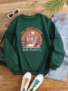 SHEIN EZwear Skeleton & Slogan Graphic Thermal Lined Sweatshirt