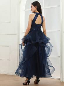 SHEIN 女孩亮片拼接網紗覆蓋吊脖派對禮服 - 藍色 - 查看 2