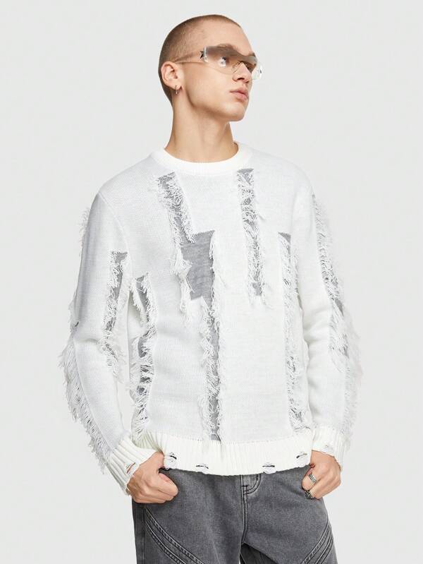 ROMWE MEN Street Life Guys Ripped Frayed Trim Sweater