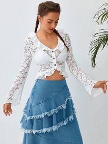 Soleia Ruffle Trim Button Front Crop Lace Blouse Without Bra - White - View 6