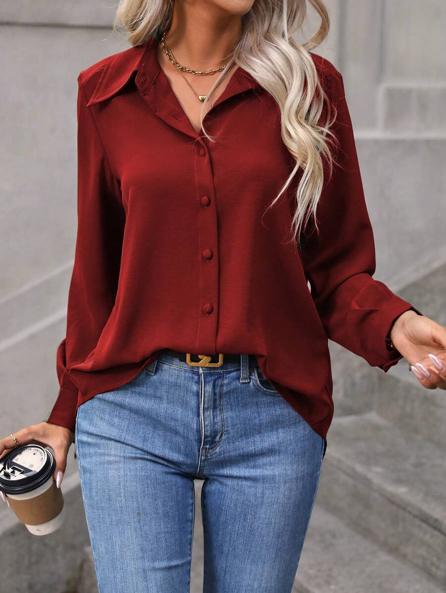 EMERY ROSE Solid Button Front Shirt For New Year Clothes Fall Cloth For Women - Red - View 1