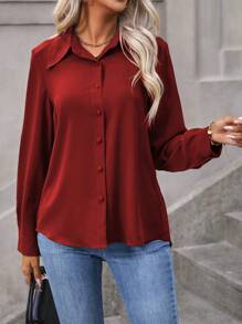 EMERY ROSE Solid Button Front Shirt For New Year Clothes Fall Cloth For Women - Red - View 3