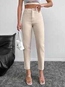 SHEIN Cottnline Zipper Fly Tapered Jeans - Beige - View 1