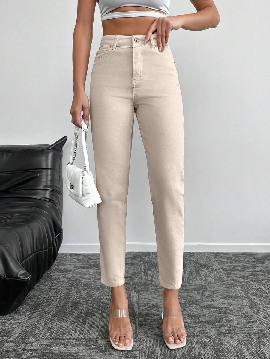 SHEIN Cottnline Zipper Fly Tapered Jeans - Beige - View 1