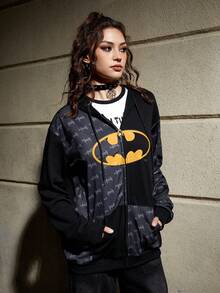 Batman X ROMWE 卡通圖案拉鏈開襟抽繩連帽衫 - 黑色 - 查看 3