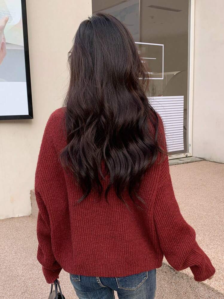 DAZY Suéter amplio unicolor de hombros caídos - Color caoba - Añade 2