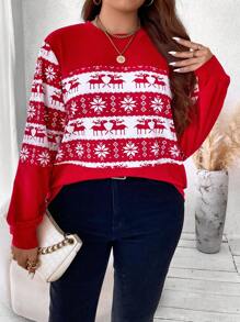 Flirla Plus Christmas Elk Print Sweatshirt Pullover Fall Sweatshirt - Red - View 3