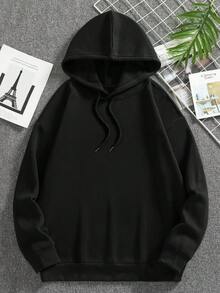 男士龍&字母圖案抽繩加絨內裏連帽衫 - 黑色 - 查看 2