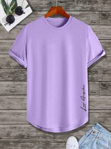 Manfinity Homme Men Letter Graphic Curved Hem Tee - Purple - View 5