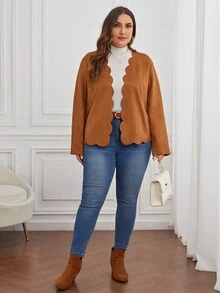 SHEIN LUNE Plus Scallop Trim Open Front Jacket - Brown - View 6