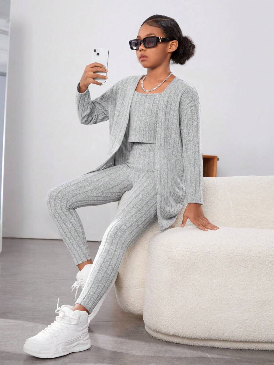 SHEIN Leap Crew Tween Girl Open Front Coat & Cami Top & Leggings - Light Grey - View 1