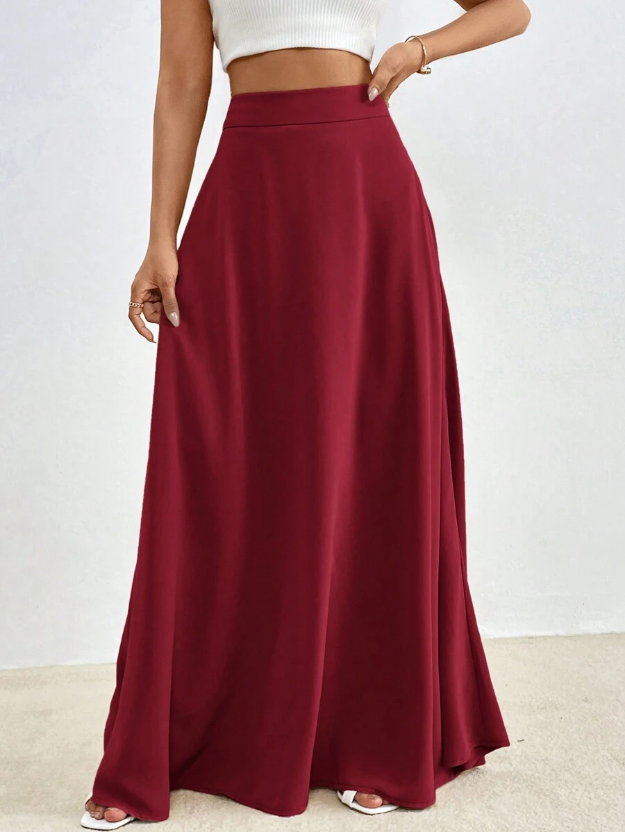 Firerie Solid High Waist Maxi Skirt - Burgundy - View 1