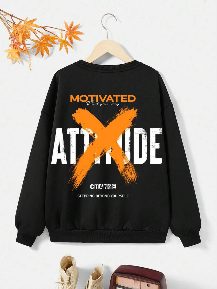 Teen Girl Slogan Graphic Drop Shoulder Sweatshirt - Black - View 1