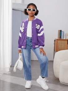 Tween Girl Letter Patched Striped Trim Drop Shoulder Varsity Jacket - Multicolor - View 5