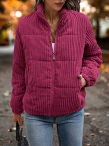 SHEIN LUNE Slant Pocket Corduroy Padded Padded Coat Clothes Winter - Hot Pink - View 3