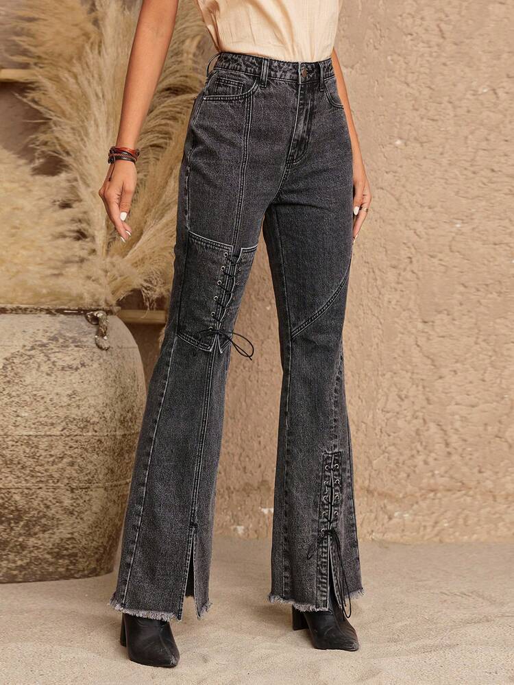 Lace Up Detail Raw Edge Flare Leg Jeans