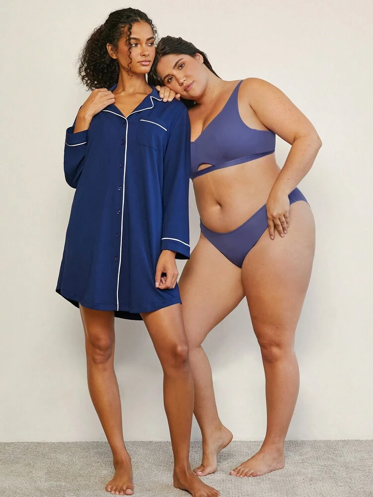 Dark Blue Soft Button Up T-Shirt Dress Cotton Women Pajamas Lounge Sets& Pyjamadressing Summer Dresses For Women